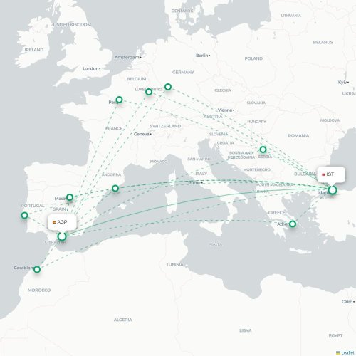 Mapa de vuelo directo Málaga - Estambul