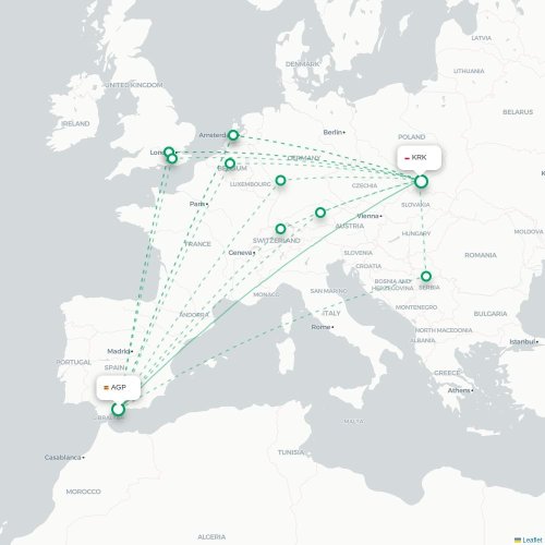 Mapa lotu bezpośredniego Malaga – Kraków
