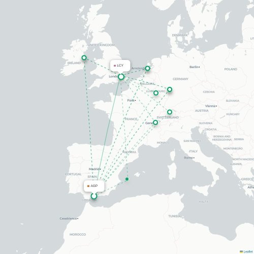 Mapa de vuelo directo Málaga - Londres