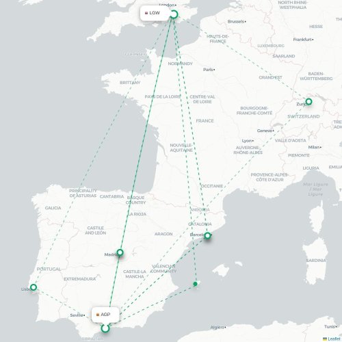 Mapa de vuelo directo Málaga - Londres