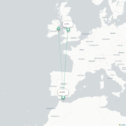 Mapa de vuelo directo Málaga - Liverpool