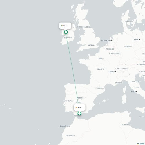 Mapa lotu bezpośredniego Malaga – Knock