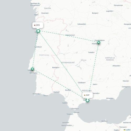 Mapa de vuelo directo Málaga - Oporto