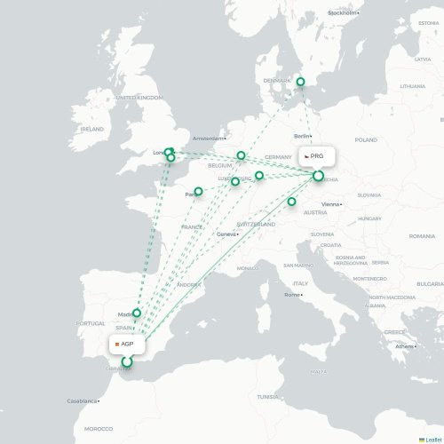 Mapa lotu bezpośredniego Malaga – Praga
