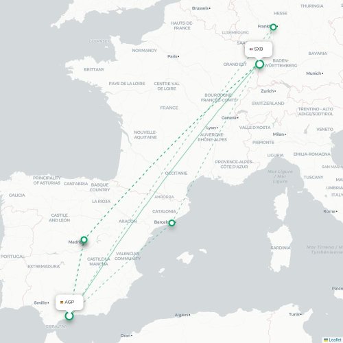 Mapa de vuelo directo Málaga - Estrasburgo
