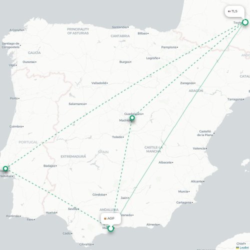 Mapa de vuelo directo Málaga - Toulouse