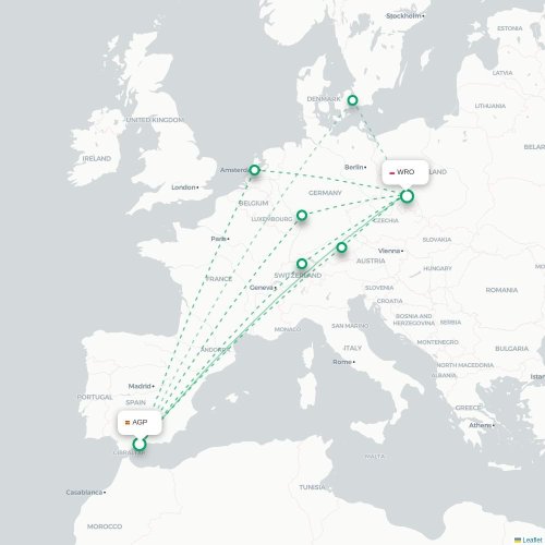 Mapa lotu bezpośredniego Malaga – Wrocław