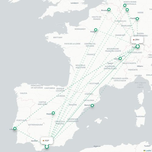 Mapa de vuelo directo Málaga - Zúrich