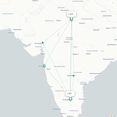 Agra – Bangalore suoran lennon kartta