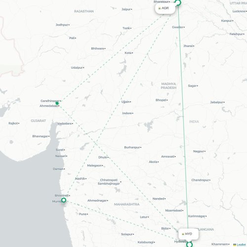 Agra – Hyderabad suoran lennon kartta