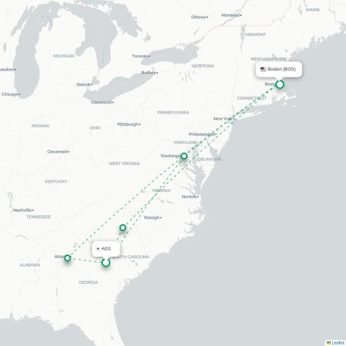 Mapa lotu bezpośredniego Augusta – Boston