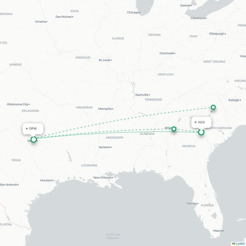 Mapa lotu bezpośredniego Augusta – Dallas