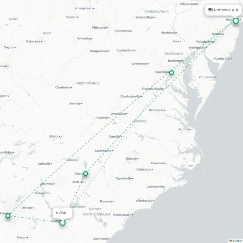 Mapa lotu bezpośredniego Augusta – Newark