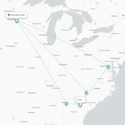Mapa lotu bezpośredniego Augusta – Minneapolis