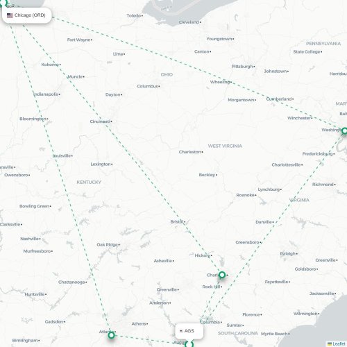 Mapa lotu bezpośredniego Augusta – Chicago