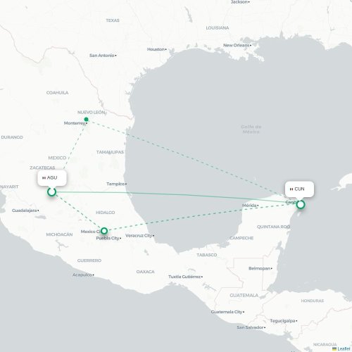 Mapa de vuelo directo Aguascalientes - Cancún