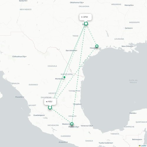 Mapa lotu bezpośredniego Aguascalientes – Dallas