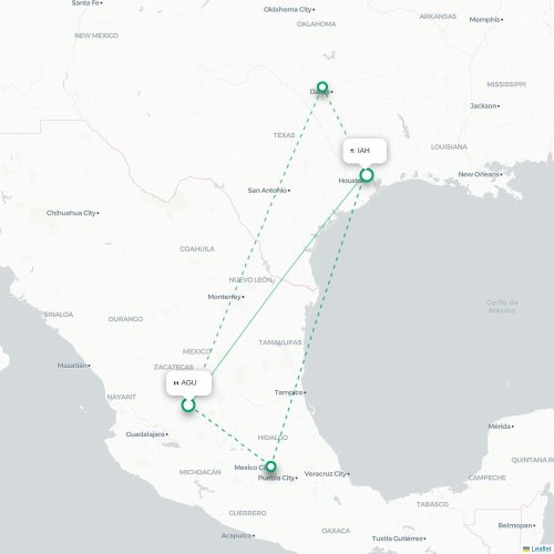 Mapa lotu bezpośredniego Aguascalientes – Houston
