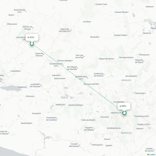Mapa lotu bezpośredniego Aguascalientes – Meksyk