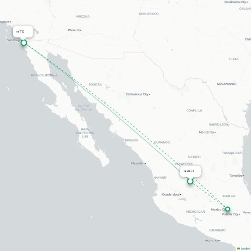 Mapa de vuelo directo Aguascalientes - Tijuana