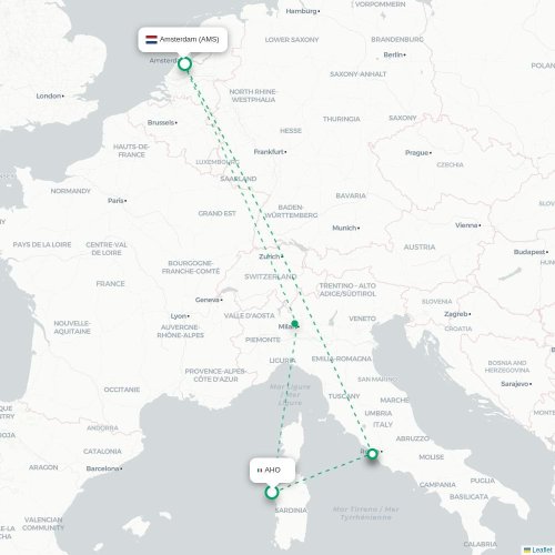 Mapa lotu bezpośredniego Alghero – Amsterdam