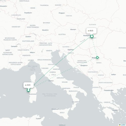 Mapa lotu bezpośredniego Alghero – Budapeszt