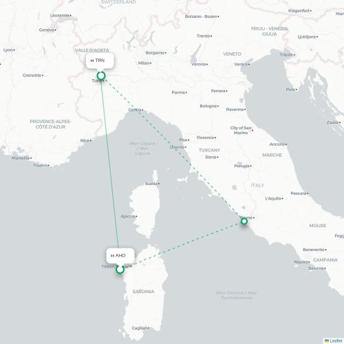 Mapa lotu bezpośredniego Alghero – Turyn, Torino