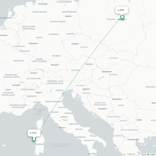 Mapa lotu bezpośredniego Alghero – Warszawa