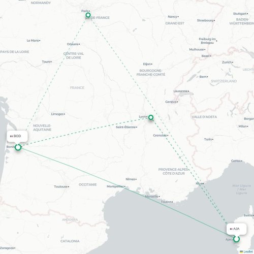Mapa lotu bezpośredniego Ajaccio – Bordeaux