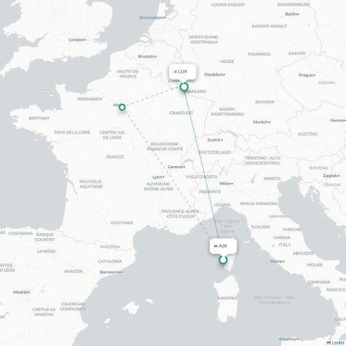 Mapa de vuelo directo Ajaccio - Luxemburgo