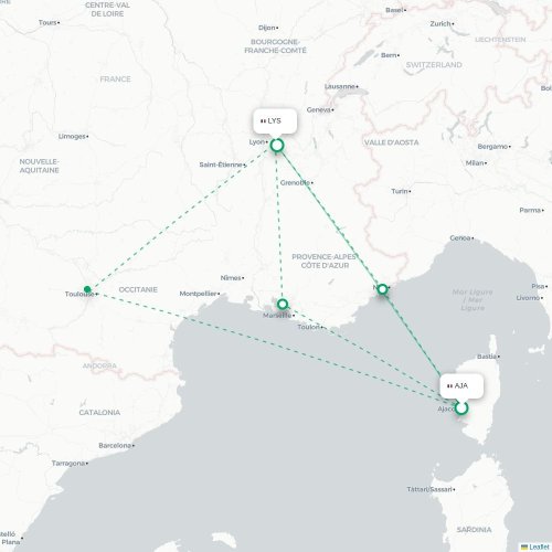 Mapa lotu bezpośredniego Ajaccio – Lyon