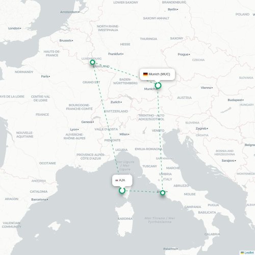 Mapa de vuelo directo Ajaccio - Múnich