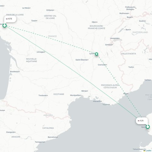 Mapa lotu bezpośredniego Ajaccio – Nantes