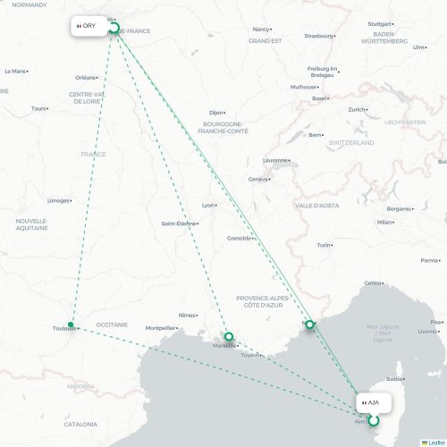 Mapa lotu bezpośredniego Ajaccio – Paryż