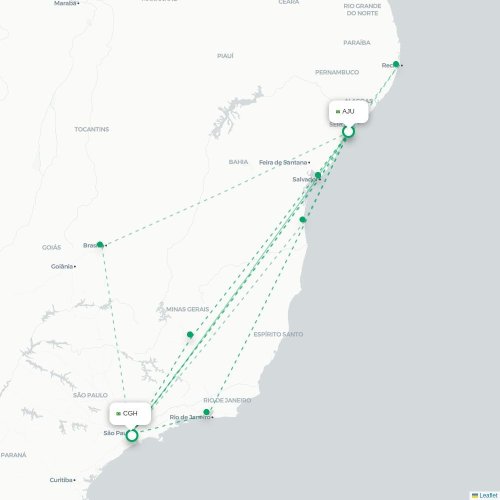 Mapa de vuelo directo Aracaju - São Paulo