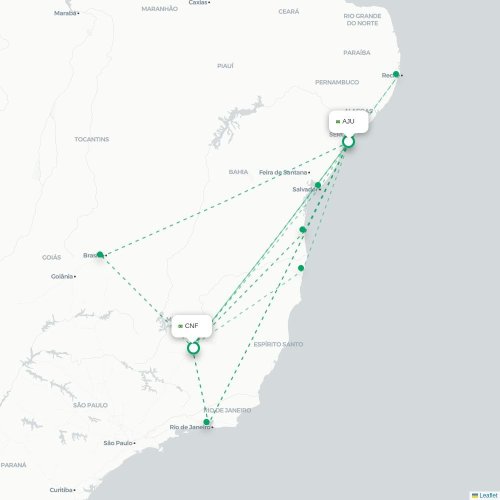 Mapa de vuelo directo Aracaju - Belo Horizonte