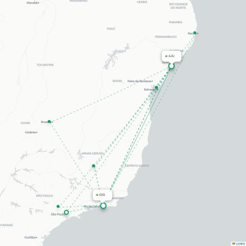 Mapa de vuelo directo Aracaju - Río de Janeiro
