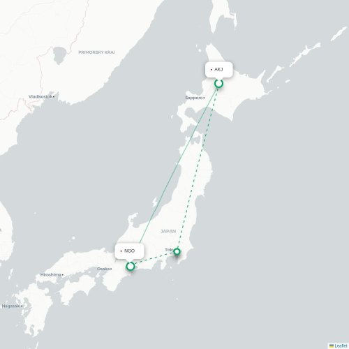 Mapa lotu bezpośredniego Asahikawa – Nagoja