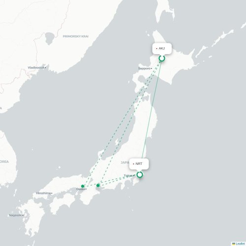 Mapa lotu bezpośredniego Asahikawa – Tokio