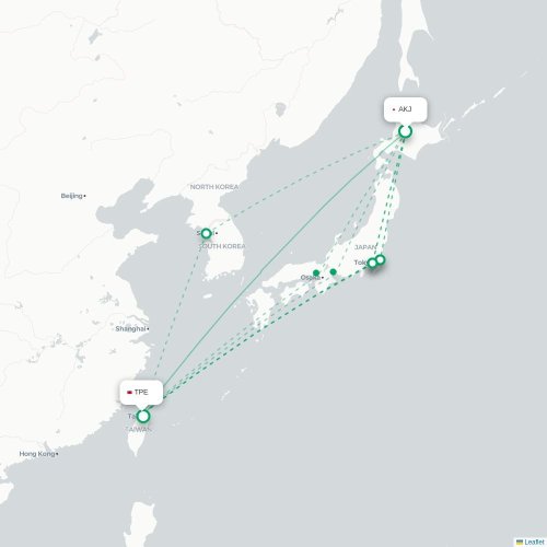 Mapa lotu bezpośredniego Asahikawa – Tajpej