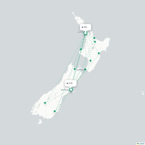 Auckland - Christchurch kort over direkte fly
