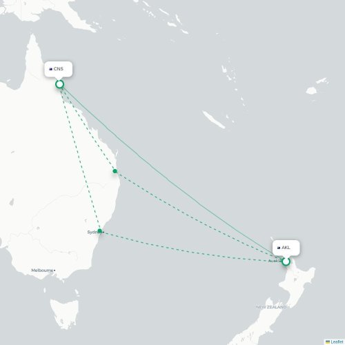 Mapa lotu bezpośredniego Auckland – Cairns