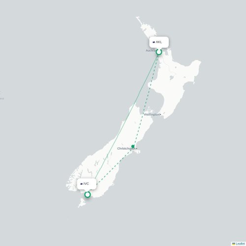 Auckland - Invercargill kort over direkte fly