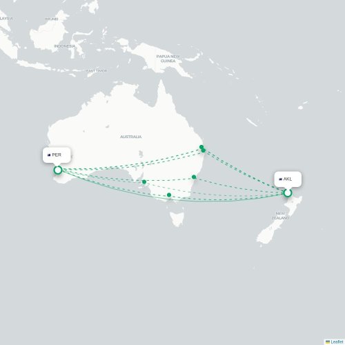 Mapa lotu bezpośredniego Auckland – Perth Zachodnia