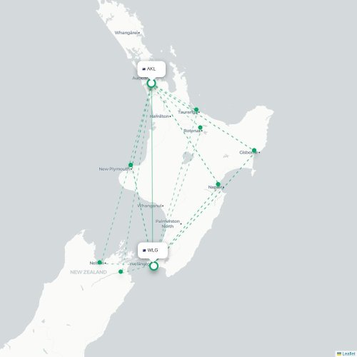 Auckland - Wellington kort over direkte fly
