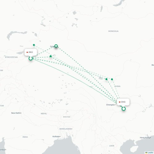 Mapa lotu bezpośredniego Aksu – Chongqing