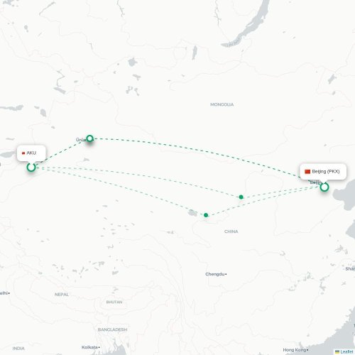 Mapa lotu bezpośredniego Aksu – Pekin