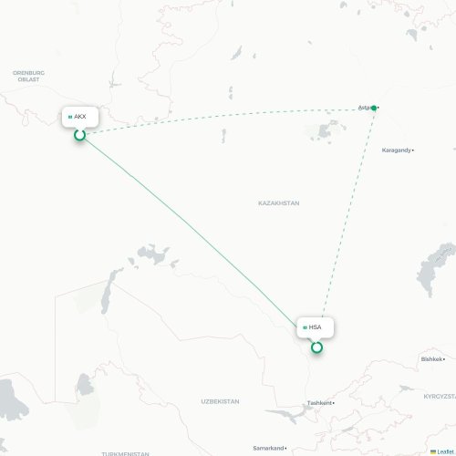 Mapa de vuelo directo Aktobe - Turkestan (Ongtüstik)