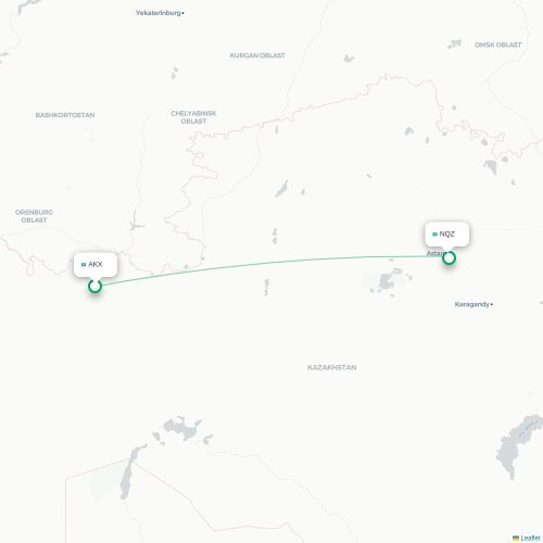 Mapa de vuelo directo Aktobe - Astana