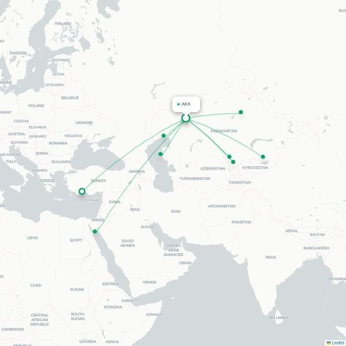 Mapa de vuelo directo Aktobe - Shymkent